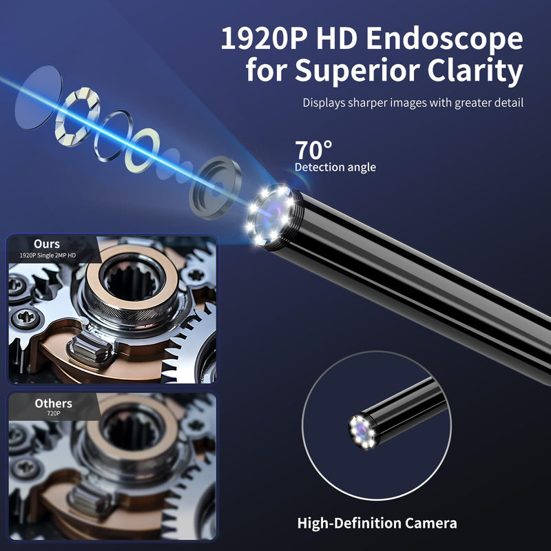 Endoscope Camera with Light, 1920P HD Borescope Inspection Camera with 8 Adjustable LEDs, IP67 Waterproof Semi-Rigid Snake Cable for Android, iPhone, and iPad(16.4ft, Single Lens) 16.4ft