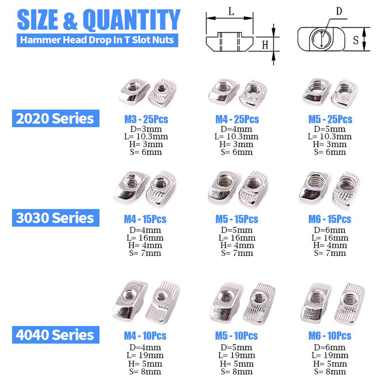 Glarks 150Pcs European M3 M4 M5 M6 Hammer Head Drop in T Nut Slot Assortment Kit for 20/30/40 Series Aluminum Profile - Nickel Plated Carbon Steel (Pack of 2) Small (Pack of 2)