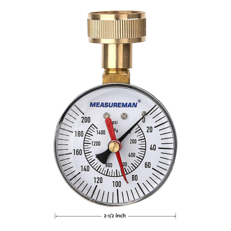 [Australia - AusPower] - MEASUREMAN 2-1/2" Water Pressure Test Gauge, 3/4" Female Hose Thread, 0-200 psi/kpa with Maximum Pressure Memory 2-1/2" Dial 