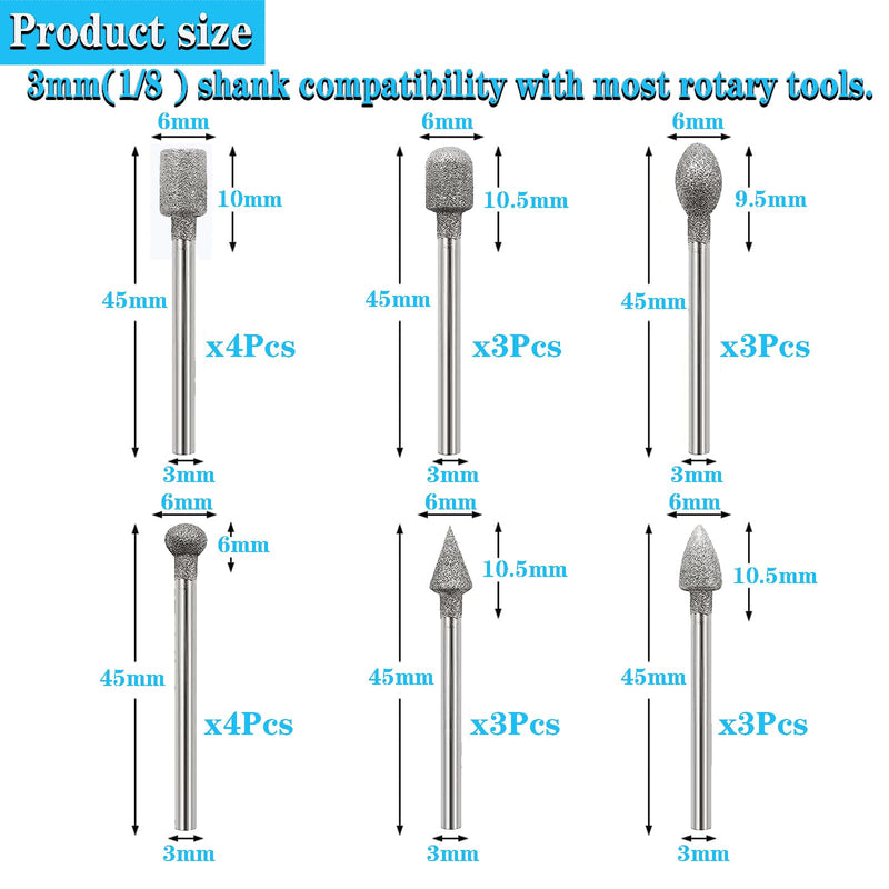 Diamond Cutter Set, 20 Pieces Diamond Burr Grinding Pins for Dremel Rotary Tool Accessories with 1/8 Inch Shank for Stone Glass Ceramic Carving, Grinding, Polishing, Engraving