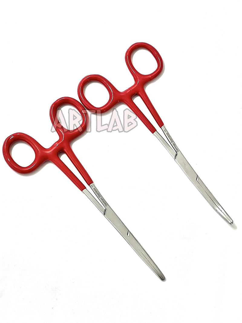 German Vinyl Grip Locking Straight & Curved Hemostat -Hemostat Forceps- Stainless Steel Locking Tweezer Clamps - Ideal Hemostats for Nurses, Fishing Forceps, Crafts and Hobby (RED STR+CVD 6.25") RED STR+CVD 6.25"