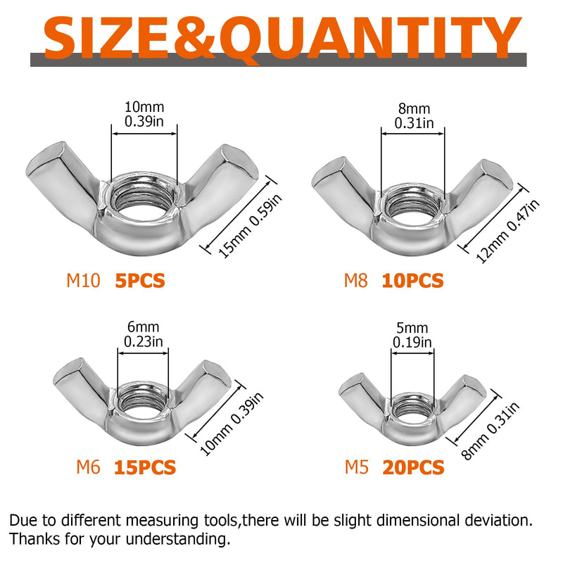 [Australia - AusPower] - 50PCS Butterfly Wing Nuts Assortment Kit, M5 M6 M8 M10 Metric Sizes Steel Wing Nuts Fasteners 