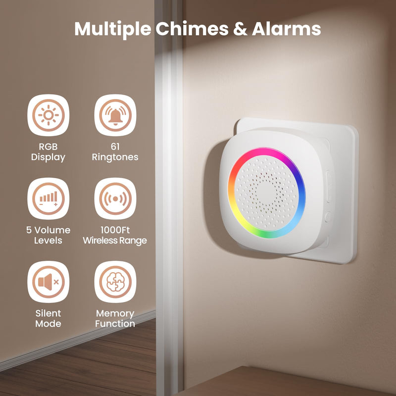 [Australia - AusPower] - Wireless Motion Sensor Door Chime, Fast Detection PIR Entry Alert with 61 Chimes, 5 Volume Levels, 1000Ft Range, RGB Light Indicator, Easy Install for Business, Home, Store, Elderly, Visitors 1 Sensors + 1 Receiver White 