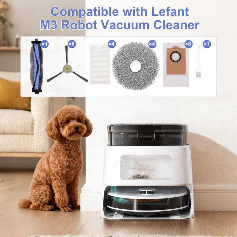 [Australia - AusPower] - Replacement Parts Compatible with Lefant M3 Robot Vacuum Cleaner, 1 Roller Brush, 6 Side Brushes, 6 Dust Bags, 4 HEPA Filters, 4 Mop Pads, M3 Accessories Kit M3 /M3 Max Accessories 