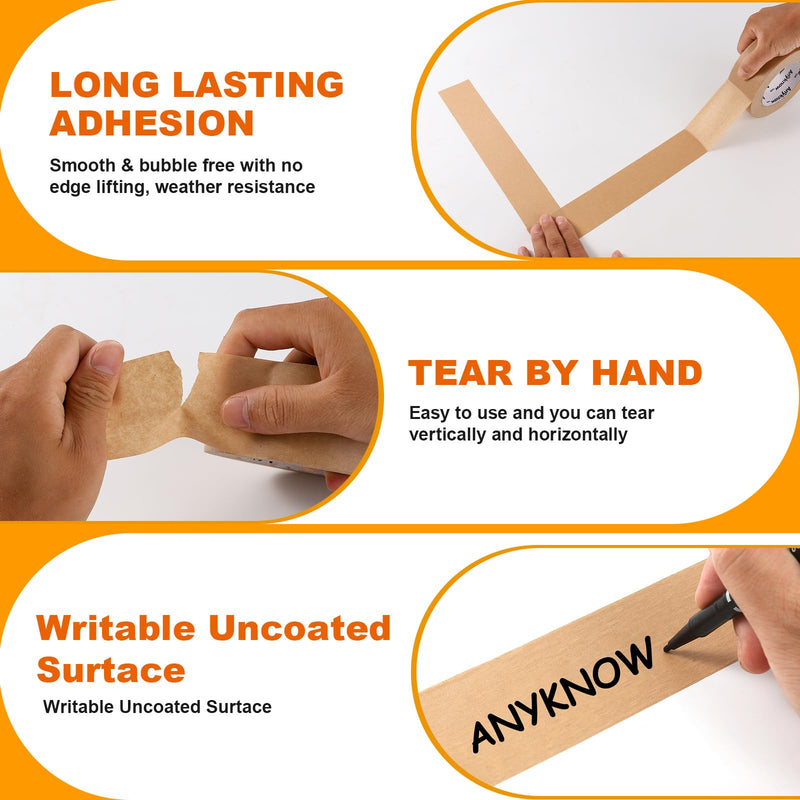Eco Friendly Moving Tape (3 Pack), 2 Inch x 55 Yards, Strong Self-Adhesive Kraft Paper Tape for Boxes, Writable & Hand Tearable, Natural Rubber Brown Shipping Tape, Plastic-Free 3