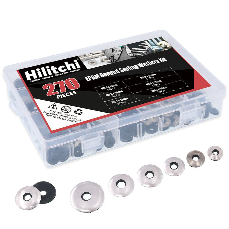 [Australia - AusPower] - Hilitchi 270-Pcs #6#8#10#12 Stainless Steel Neoprene EPDM Bonded Sealing Gasket Washers Assortment Kit 