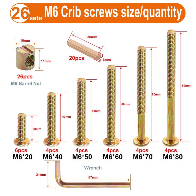 [Australia - AusPower] - weideer 26 Set Crib Screws Hardware Replacement Kit Baby Bed Frame Bolts M6x20/40/50/60/70/80mm Barrel Nuts Wooden Dowel Pins Hex Drive Socket Cap Screws Kit for Beds Chairs Furniture Bronze 