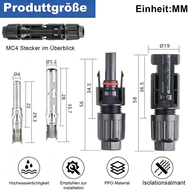 12 Pairs Solar Plugs MC4 Connector IP67 Waterproof PV Plug 6 mm2 with Mounting Tool Solar Panel Cable Connector for Photovoltaic Systems, Compatible with 2.5/4/6 mm² Cable | Solar plug MC4