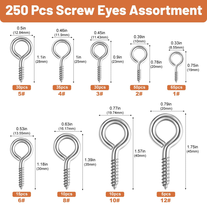 [Australia - AusPower] - 250 Pcs Eye Hook Screws, 304 Stainless Steel Screw Eyes 0.75"-1.75" 9 Size Eyelet Screw Heavy Duty Self Tapping Screws for Wood Picture Frame 