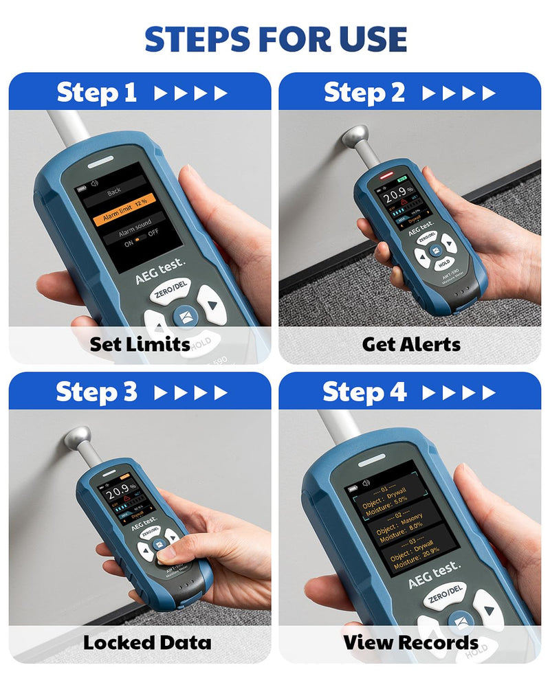 AWT-590 Rechargeable Pinless Moisture Meter for Wood, Drywall & Masonry, Wood Moisture Meter with Adjustable Alarm, Data Records, Non-Invasive Hemispherical Water Leak Detector for Home