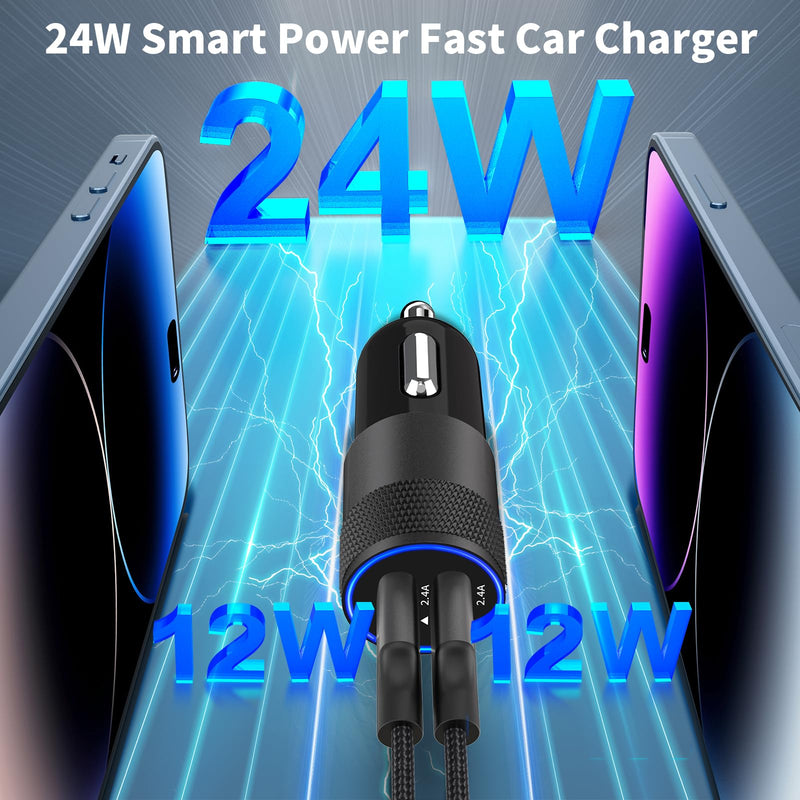 [Australia - AusPower] - 【MFi Certified】iPhone Fast Car Charger, Rombica 4.8A Dual USB Smart Power Cigarette Lighter USB Car Charger + 2Pack Lightning to USB Braided Cable for iPhone 14 13 12 11 Pro/XS Max/Mini/XR/SE/X/8/iPad Carbon Fiber Black 