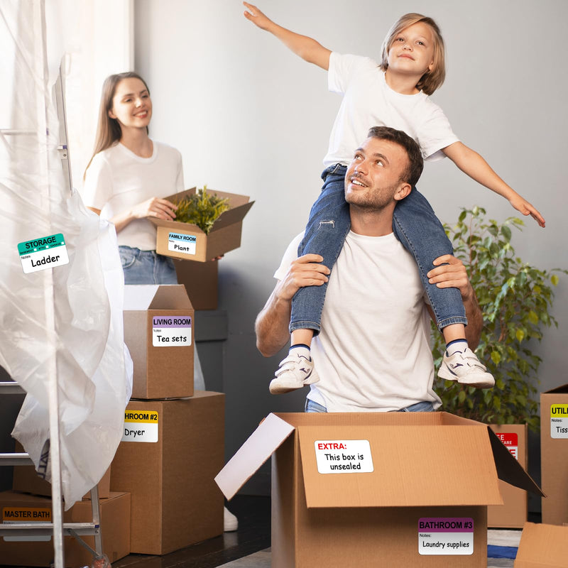 Kingtac 600 Writable Home Moving Stichers - 2' x 3', 20 Color-Coded Home Moving Packing Labels with Fragile, Extra, Heavy Options.Stick to Cardboard Boxes and Plastic Bins, No Extra Tape Needed Mov-0305-40-600pcs