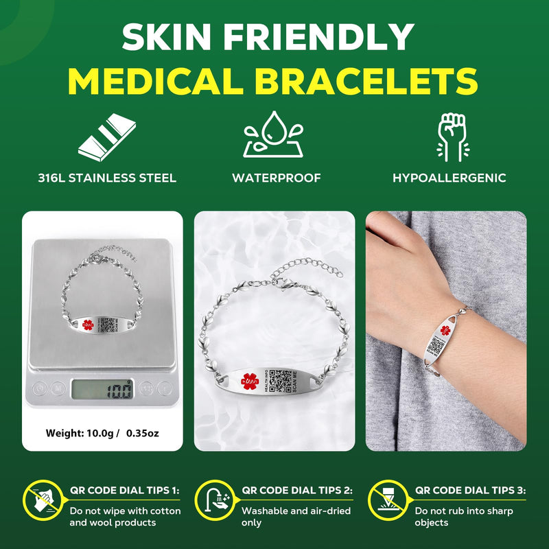 [Australia - AusPower] - Theluckytag Upgraded QR Code Bracelet for Women, Medical Alert Bracelet, Sterling Silver, 7"~9" Chain Links, Save More Space and Change Emergency Medicine Fox, Medium Metal 