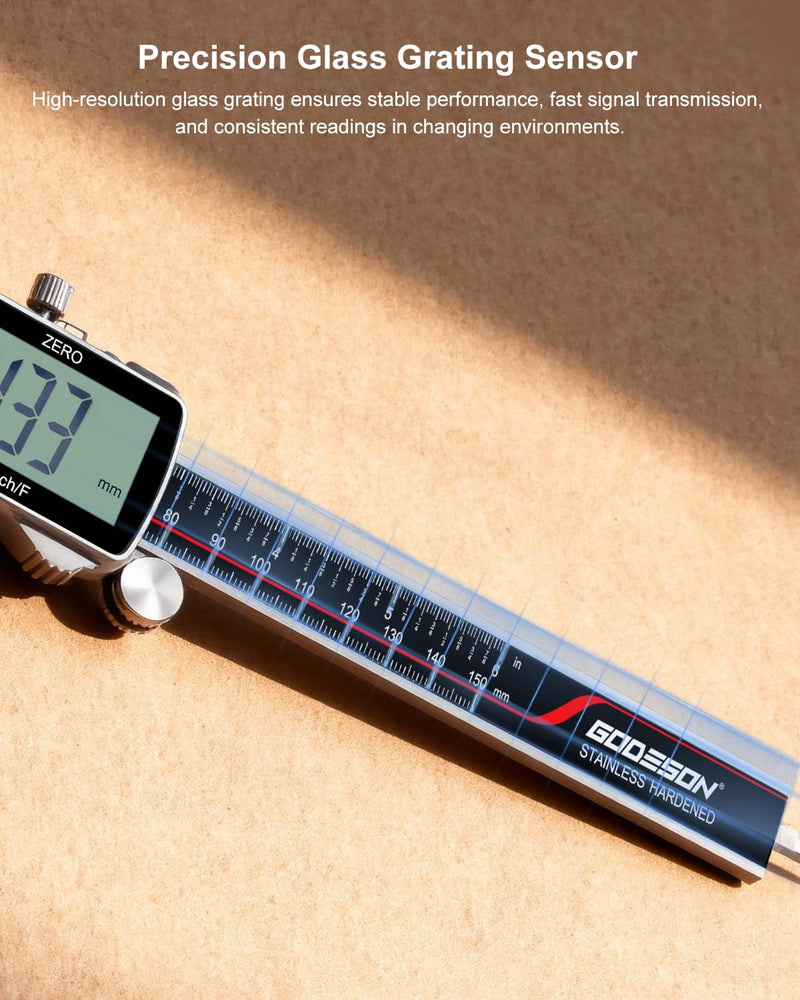 [Australia - AusPower] - GODESON Digital Caliper, Rechargeable Digital Micrometer-IP54 Waterproof, Stainless Steel & Large LCD Screen Caliper Measuring Tool-Inch/Metric/Fraction,6" Calipers-Auto Off for Pros & DIYers 
