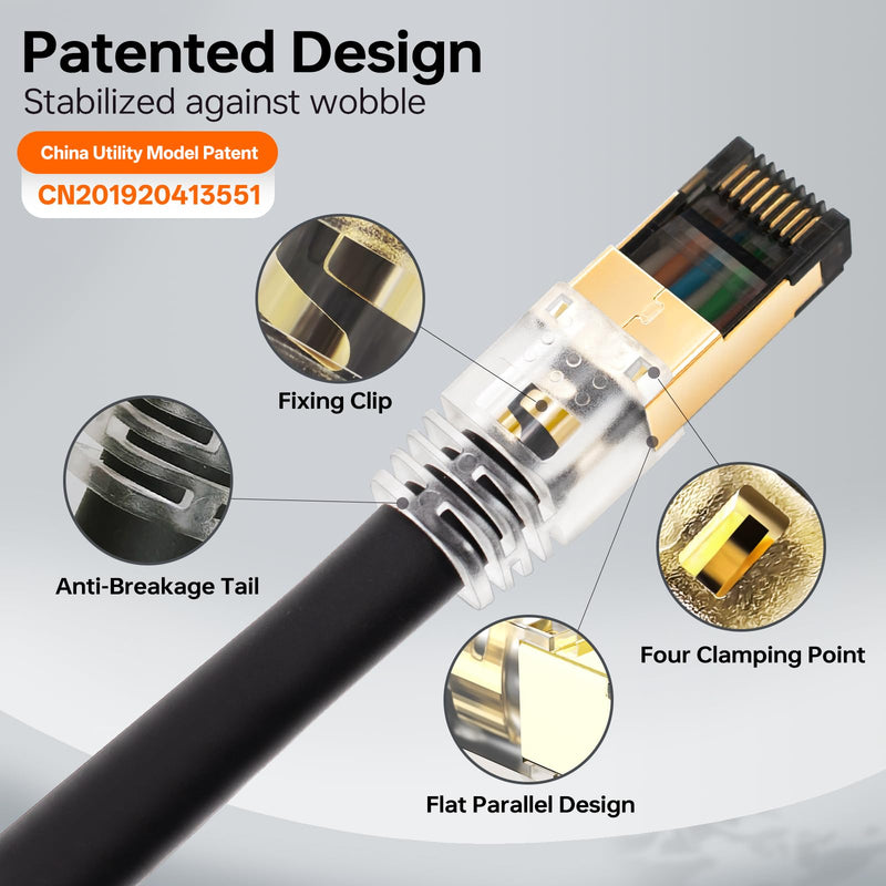 Cat 8 Ethernet Cable 50 ft, 23AWG Industrial Shielded S/FTP Anti- Wobble Internet Cable,40Gbps High Speed Gaming Waterproof Patch Cord, Compatible with Cat5 Cat6 Cat6e Cat7 50 feet