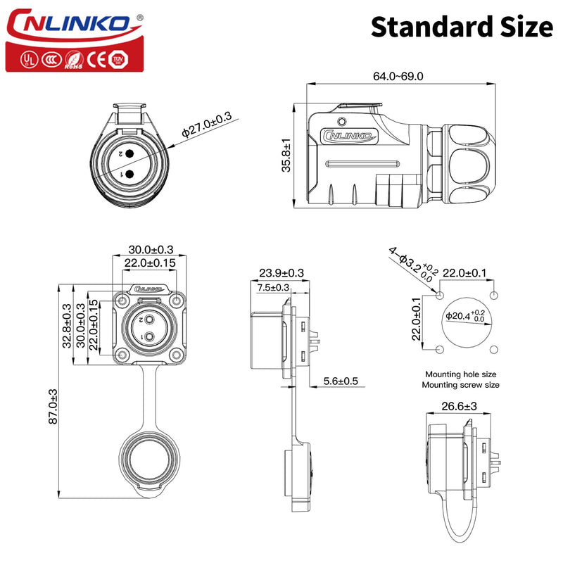 [Australia - AusPower] - CNLINKO LP20 Series Waterproof Connector, IP68 Power Connector 4pin 20A 500V M20 LED Connector, UL CE Rohs Approved (4 pin) 4 PIN Black/4-Hole Socket 