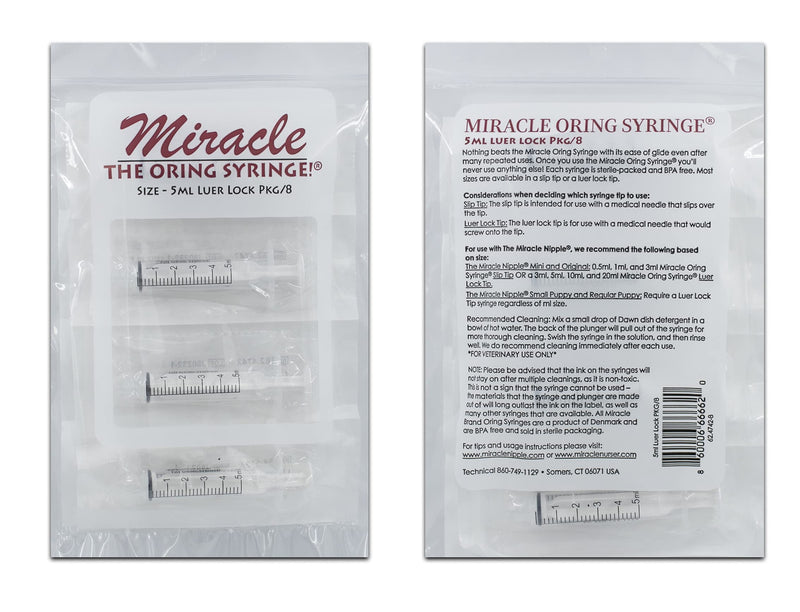 [Australia - AusPower] - Miracle Oring Syringe- 5 ml Luer Lock Syringe- Package Contains 8 Individually Wrapped Sterile Oring Syringes for Handfeeding Animals, Administering Supplements, Measuring Liquids, and More 