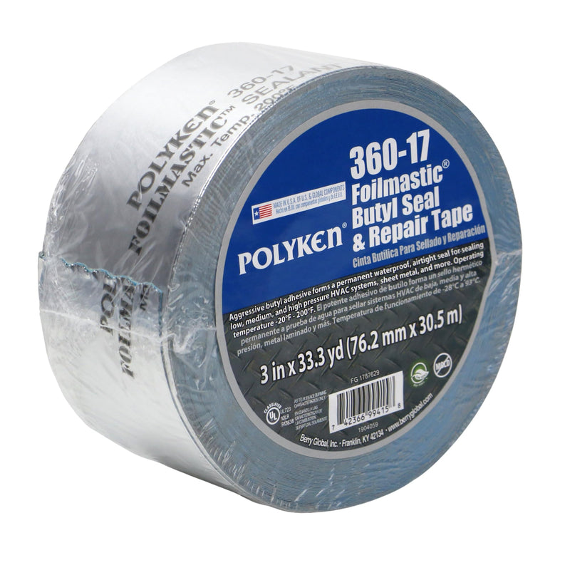 Nashua 360-17/SI2100 Polyken 360-17 Heavy Duty Foil/Butyl Rubber Tape, 17 mil Thick, 100' Length x 2" Width, Aluminum, Silver