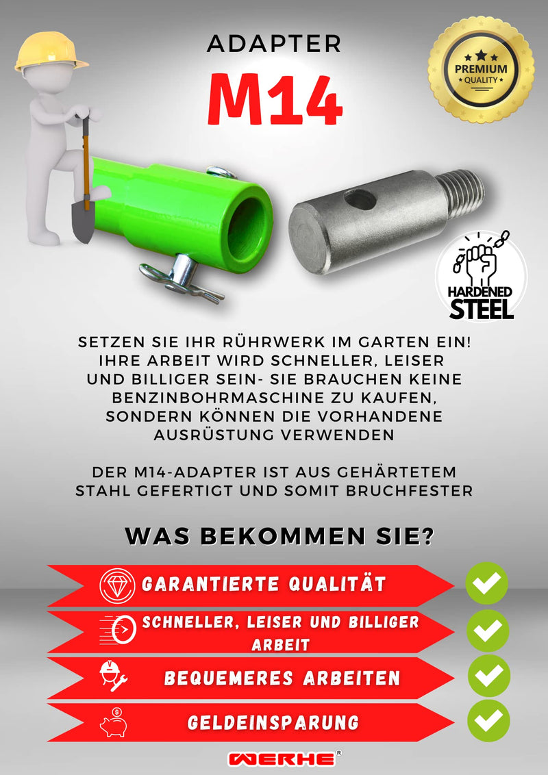 WERHE Adapter M14 for Earth Auger, Hardened Steel, with Quick Release Bolts | Compatible with agitator and concrete stirrer, ideal for fence posts and tree planting, cable and pipe laying, length 6 cm