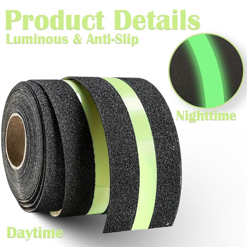1Roll 5cmx5m Anti-Slip Traction Tape with Glow in the Dark Stripe, Waterproof Non-Skid Adhesive for Stairs, Steps, Outdoor & Indoor Use, High-Traction Safety Treads for Kids & Seniors (Black) Black