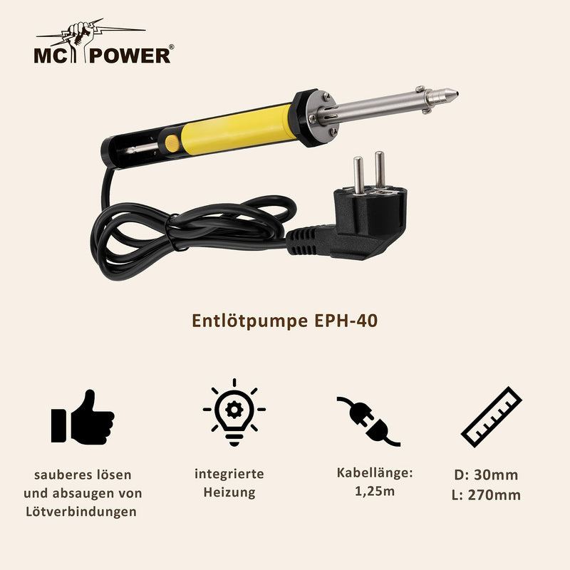 MC POWER Desoldering Pump with Heater, EPH-40, 230 V, 40 Watt Desoldering Suction Pump for Loosening Solder Connections, Suction Liquid Solder Single