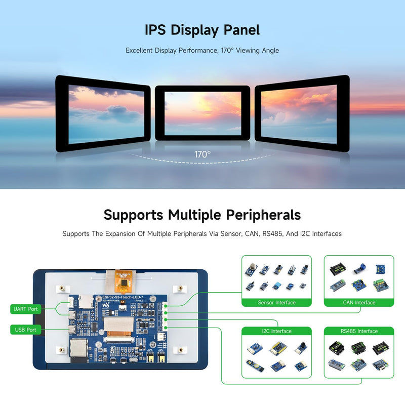 Waveshare ESP32-S3 7 Inch Touchscreen Development Board, ESP32 with Display | 32-Bit LX7 Dual-Core Processor, 800x480, Up To 240MHz Frequency, Supports WiFi & BT, With Onboard Antenna