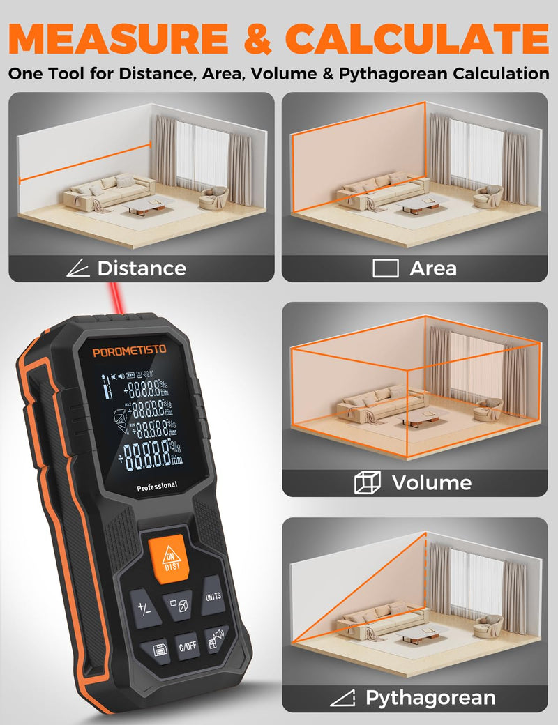 Laser Measure Tool (262ft/80m, ±2mm) with Tripod Mount and Angle Sensor | POROMETISTO 12 Modes（ Angle, Area, Volume, Pythagorean）Handheld Laser Distance meter for Home Construction 80M/262FT
