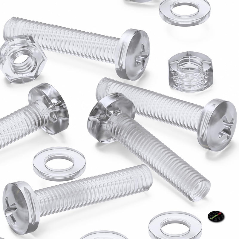 [Australia - AusPower] - Pack of 60 Transparent Clear Plastic Acrylic M6 x 30mm Nuts & Bolts, Washers - Acrylic Plastic Screws, (15/64 x 1 3/16 in) 