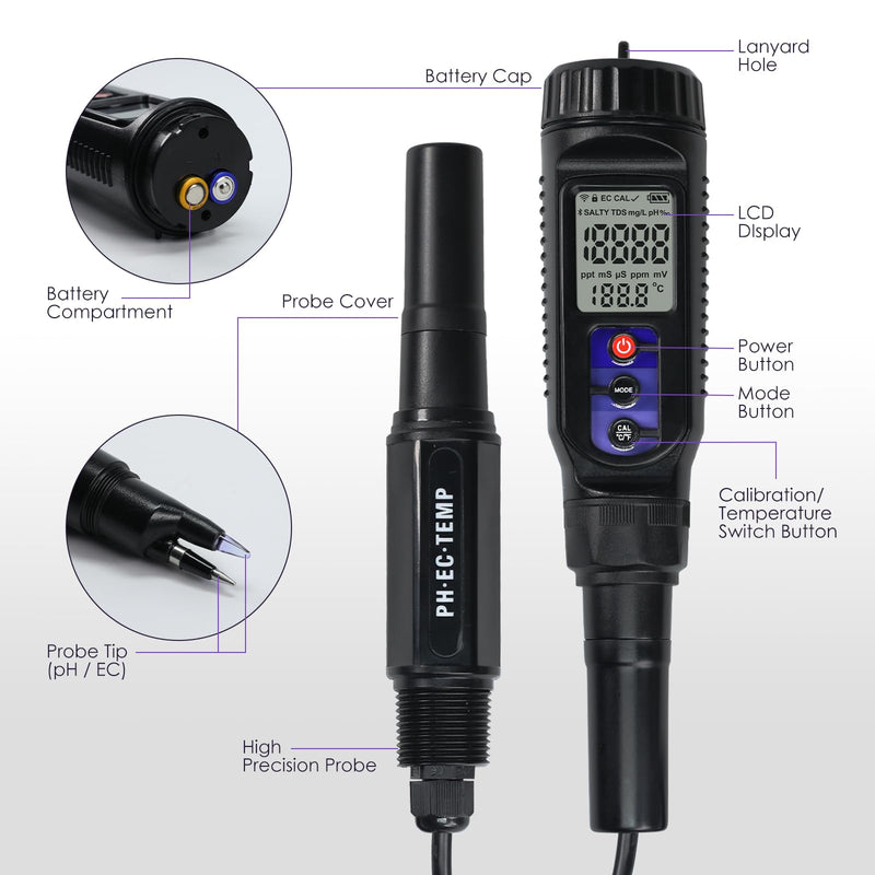 [Australia - AusPower] - pH Meter for Food 3-in-1 Digital pH EC Temperature Meter with ATC, Food pH Tester for Checking Fermentation/Bread Dough/Sausages, Waterproof pH Probe Meter for Cosmetics, Solid and Soft Soil Sample 