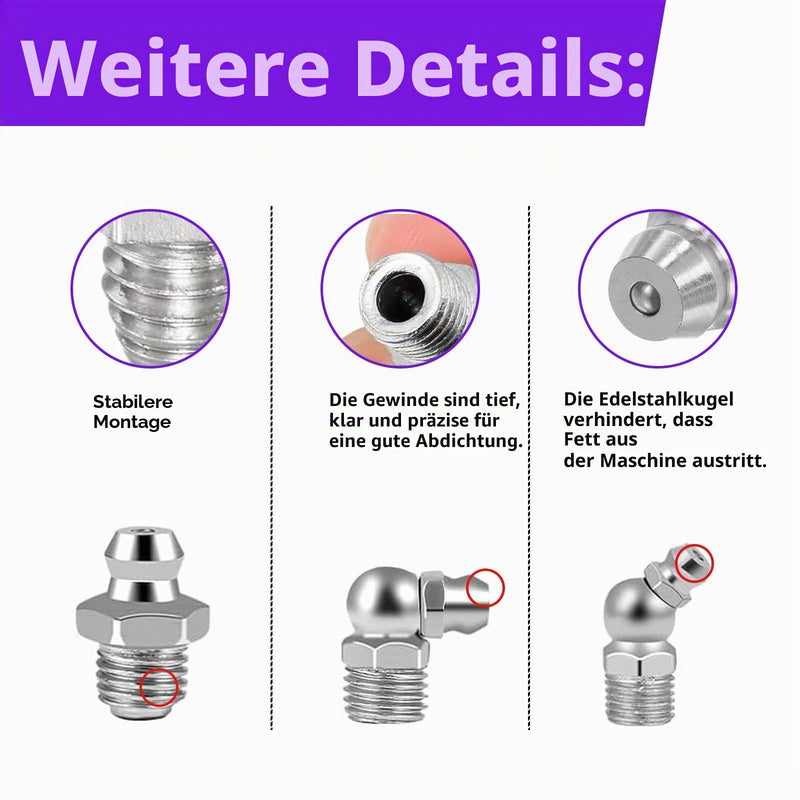 Pack of 260 Grease Nipples Assortment M6 M8 M10 45° 90° 180° | Tapered lubrication nipple with grease nipple caps, nickel-plated iron, for lubricating presses