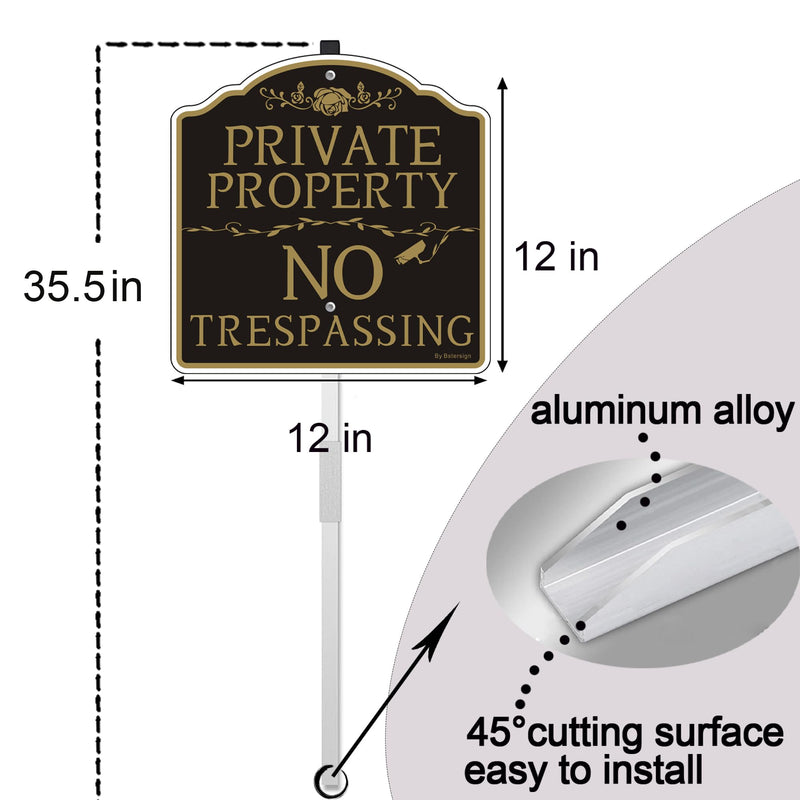 No Trespassing Private Property Sign (2Pack), 12" x 12" x 0.04" Aluminum Sign &35.5" Metal Stakes Included, Resistant to Harsh Weather, No Fading and Easy to Install. 2 Pack with stake