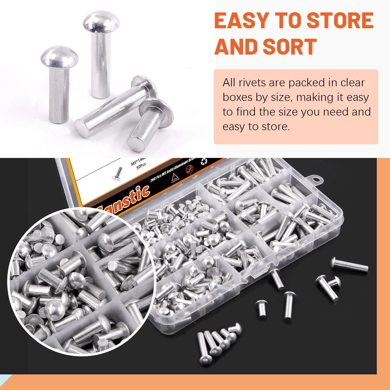 [Australia - AusPower] - 260Pcs M5 Solid Aluminum Brazier Head Rivets, 6mm 10mm 14mm 20mm 25mm Length Solid Aluminum Rivets for Machinery Automobile Industry 