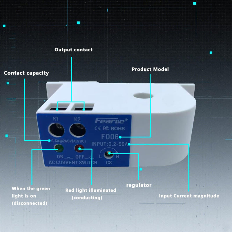 [Australia - AusPower] - Current Sensing Switch, Normally Open AC Sensor 0.2-50A Detectable, High Precision Monitoring Relay（F006） F006 