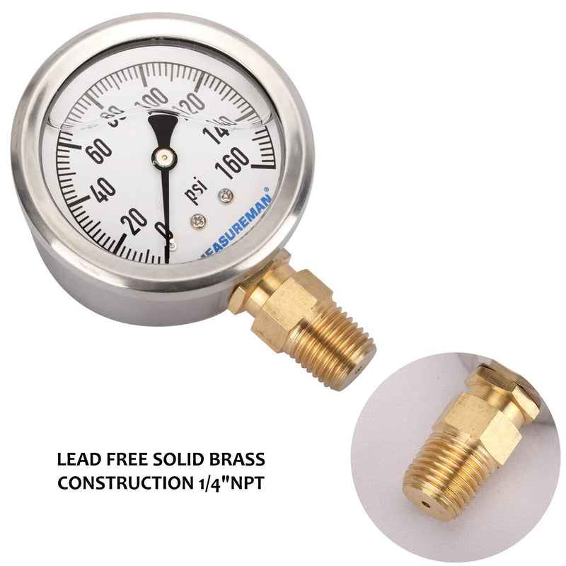 [Australia - AusPower] - MEASUREMAN Lead-Free Glycerin Filled Pressure Gauge, 0-160psi, RV Regulator Replacement Pressure Gauge, 2" x 1/4"NPT Lower, Stainless Steel Case, Brass Inside, 0-160 psi?RV? Lower Mount Single Scale 