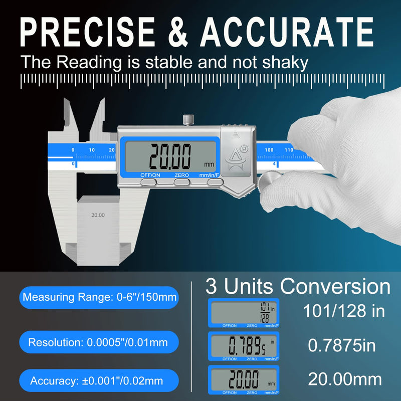 Digital Caliper 6 Inch Measuring Tool Stainless Steel Vernier Caliper Digital Micrometer with Large LCD Screen,Auto-Off Feature, Inch/Millimeter/Fraction Conversion Measuring Tool Caliper