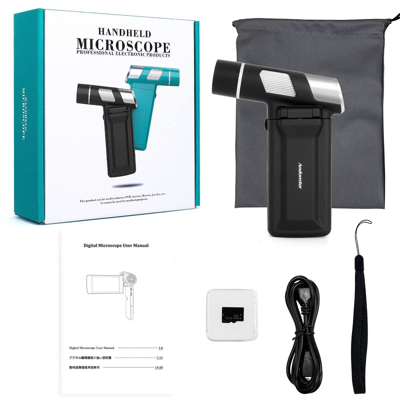 [Australia - AusPower] - Andonstar AD203 Handheld Digital Microscope, Portable Pocket Microscope with 4 inch Screen for Kids and Adults, Black, Electronic FHD Video Microscope, Supports Windows Mac PC, USB Coin Microscope Handheld Black 