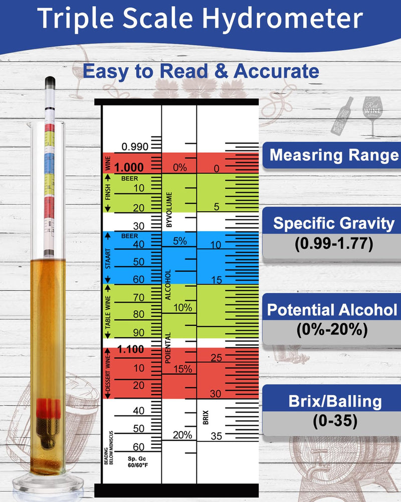 [Australia - AusPower] - CIMALAB Triple Scale Hydrometer, Plastic Specific Gravity Hydrometer for Wine Making, Beer & Kombucha, Mead Making Kit, Brix, ABV Tester, Hydrometer Alcohol Tester for Wine Making Supplies + Test Jar Plastic triple scale hydrometer kit with test jar 