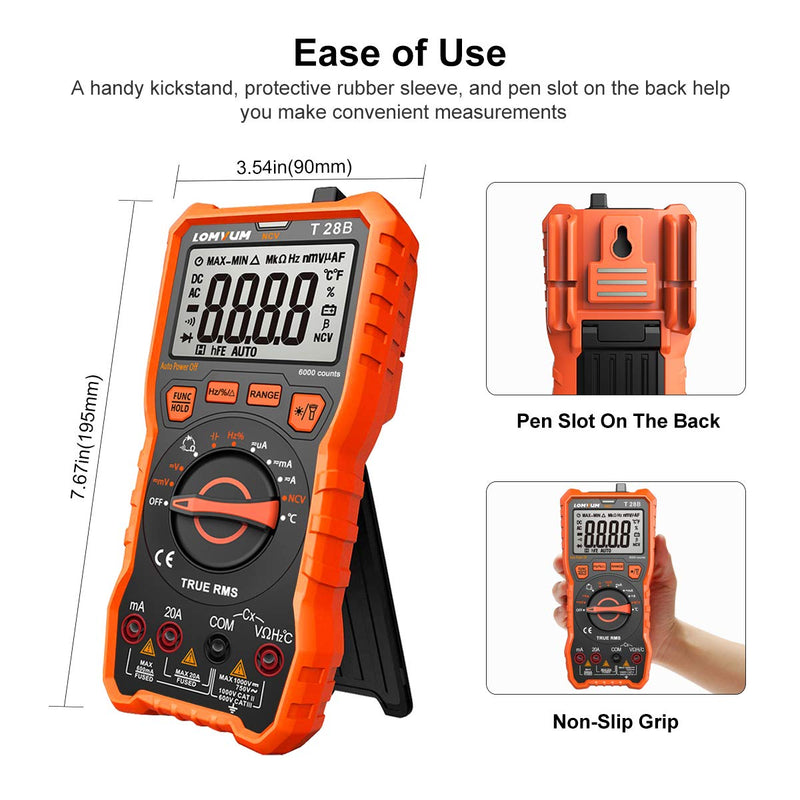 [Australia - AusPower] - LOMVUM Digital Multimeter, 6000 Counts Auto-Ranging Voltage Tester Meter with Ohm Volt Amp Capacitance Temperature Frequency Diode Backlit LCD and Flashlight 