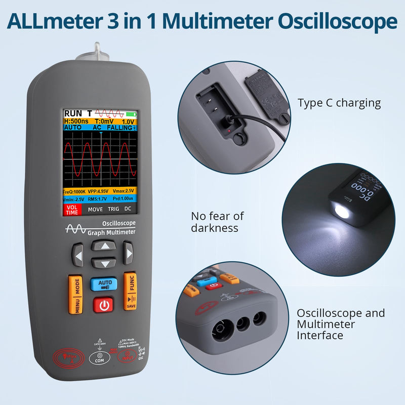 [Australia - AusPower] - Handheld Digital Oscilloscope Multimeter Voltage Tester 3-in-1,10MHz Bandwidth,48MSa/s Sampling Rate,Digital Multimeter with AC/DC Voltage,Current,Capacitance & Resistance Measurement 