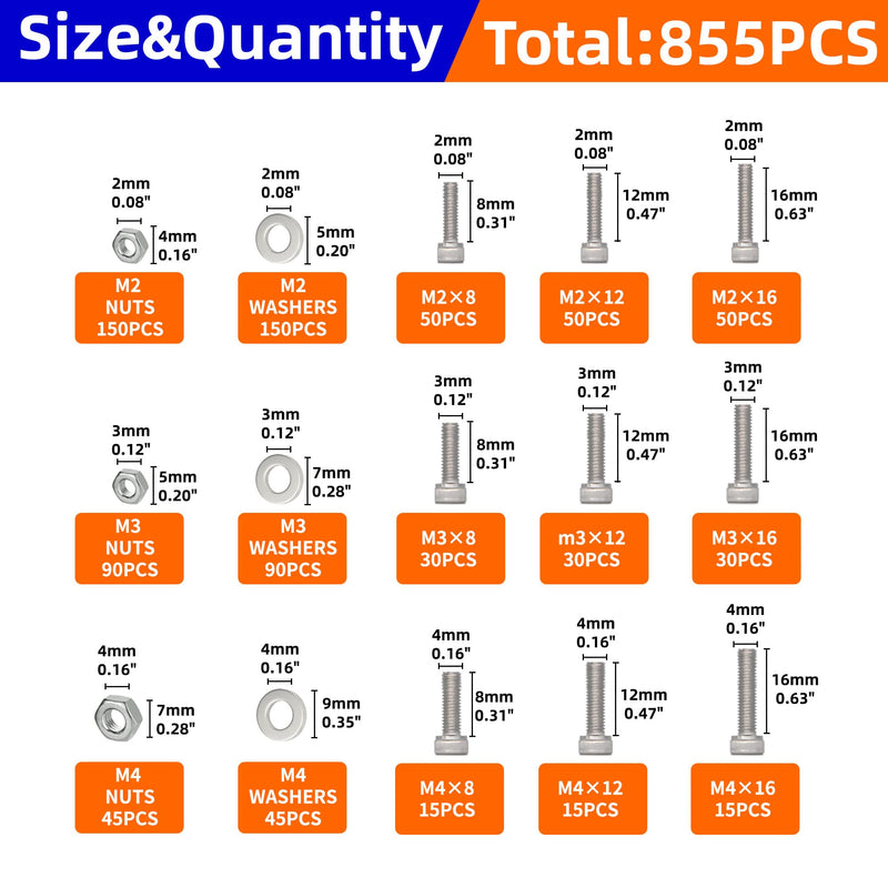 [Australia - AusPower] - 855Pcs Machine Screws Nuts and Bolts Assortment Kit, M2/M3/M4 Socket Head Cap Assorted 304 Stainless Steel Bolts Nuts Flat Washers Bolts with Case Hex Socket Head 