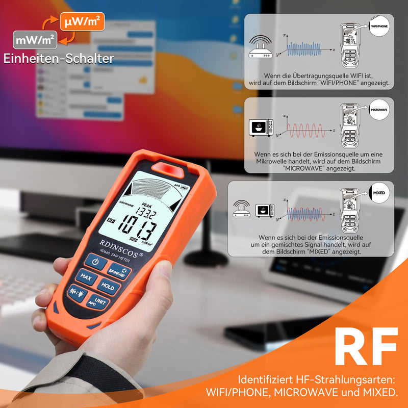 [Australia - AusPower] - RDINSCOS EMF Meter, 3-in-1 Electromagnetic Radiation for EF MF RF, Handheld Detector Digital Radiation Detector for Electromagnetic Fields for Home, Office & On the Go RD660 