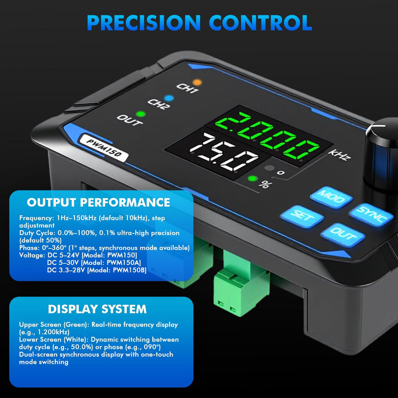 DEWIN Signal Generator Module, PWM150 Dual Channel Signal Generator Servo Motor Control Rectangular Pulse with Adjustable Frequency
