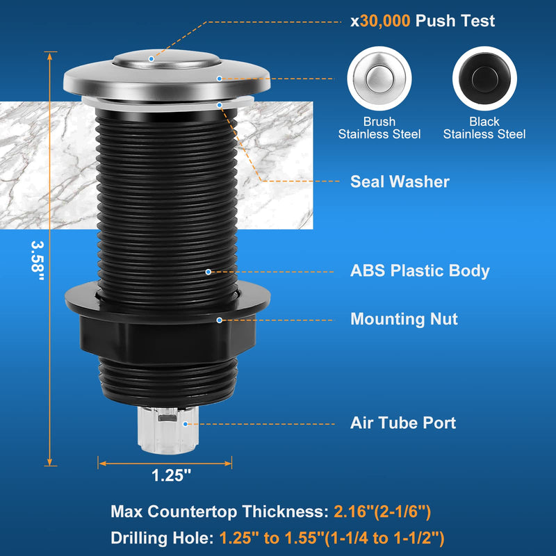 Air Switch Kit for Garbage Disposal, Sink Top Air Switch for Food Waste Disposal, 3.58” Extra Long Air Button (Brushed Stainless Steel) Brushed Stainless Steel