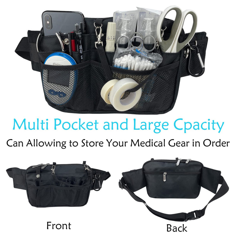 [Australia - AusPower] - Nurse Fanny Pack with Multi-Compartment Medical Waist Bag with Tape and Stethoscope Holder Utility Storage for Medical Supplies for Student and Nurses (Black) Black 