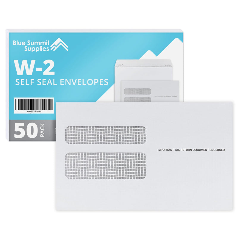 Blue Summit 50 W2 Envelopes 2025 Self Seal, W-2 Double Window Security Envelopes for 2 UP IRS Tax Forms from QuickBooks Online, Desktop, ADP and Other Software, 5 5/8’’ x 9’’, 50 Form Envelopes