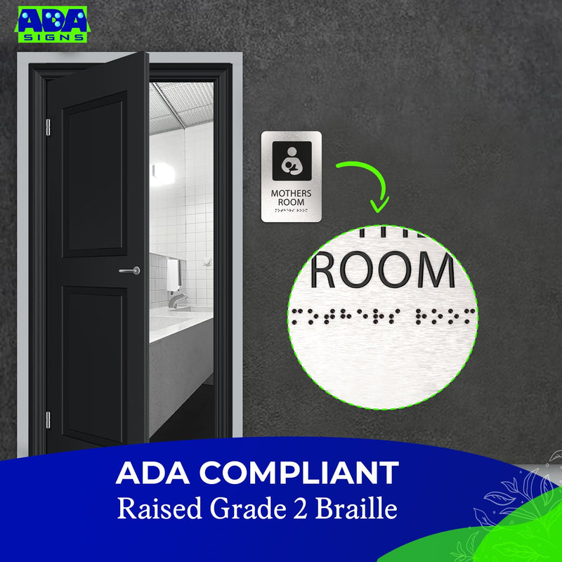 ADASigns Mothers Room Sign – 6" x 9" Durable Brushed Aluminum with Braille & Strong Adhesive Tape – Weatherproof Lactation Nursing Breastfeeding Bathroom Sign for Retail Store, Restaurant & Business Black Silver