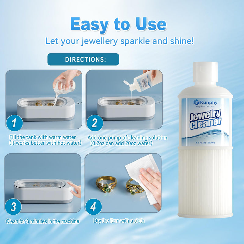 [Australia - AusPower] - 2024 Kunphy Ultrasonic Jewelry Cleaner, Professional Ultrasonic Cleaner Solutions for Use in All Ultrasonic Cleaner Machines, Jewelry Cleaner Solution for Diamond, Gold, Silver, Gemstones, 250ml Blue 