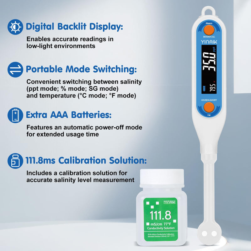 [Australia - AusPower] - YINMIK Salt Meter | Food Salinity Meter, Digital Salt Tester for Aquarium, Home Temperature Salinity Tester with 3 Salt Modes - PPT% SG, Portable Sodium Chloride Reader for Reef Tank, Saltwater Pool 