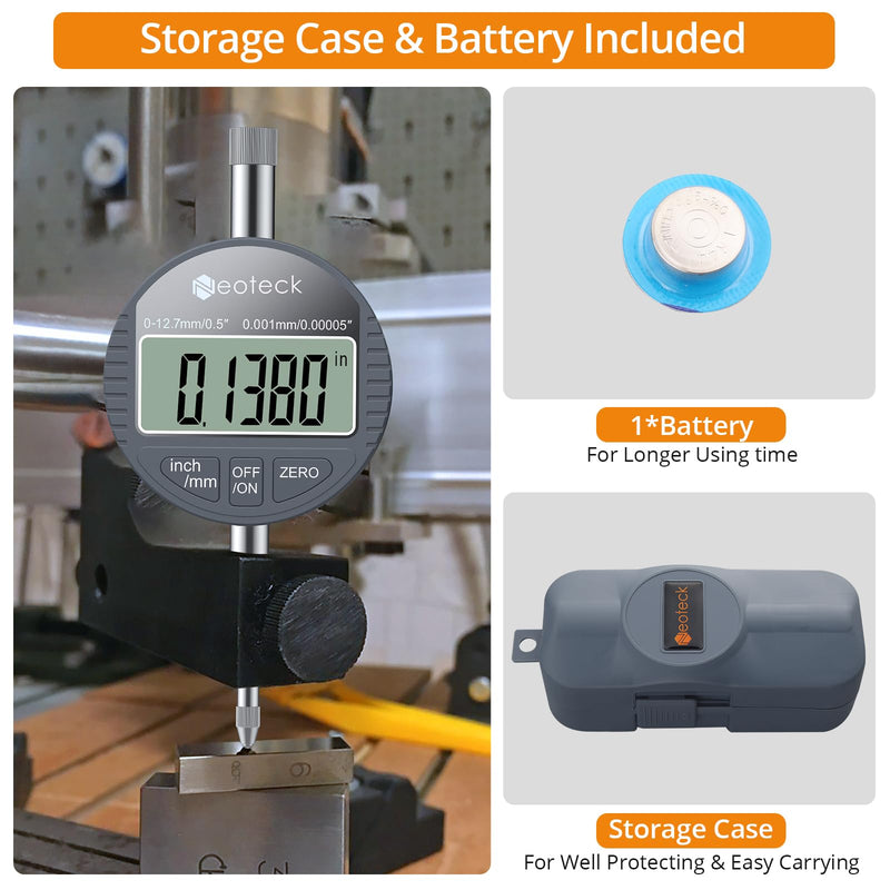 [Australia - AusPower] - Neoteck DTI Digital Dial Indicator 0.5 inch/12.7mm, High Resolution: 0.00005 inch/ 0.001mm, Digital Probe Indicator Dial Test Gauge Silver Gray 0-0.5''/0.00005'' 