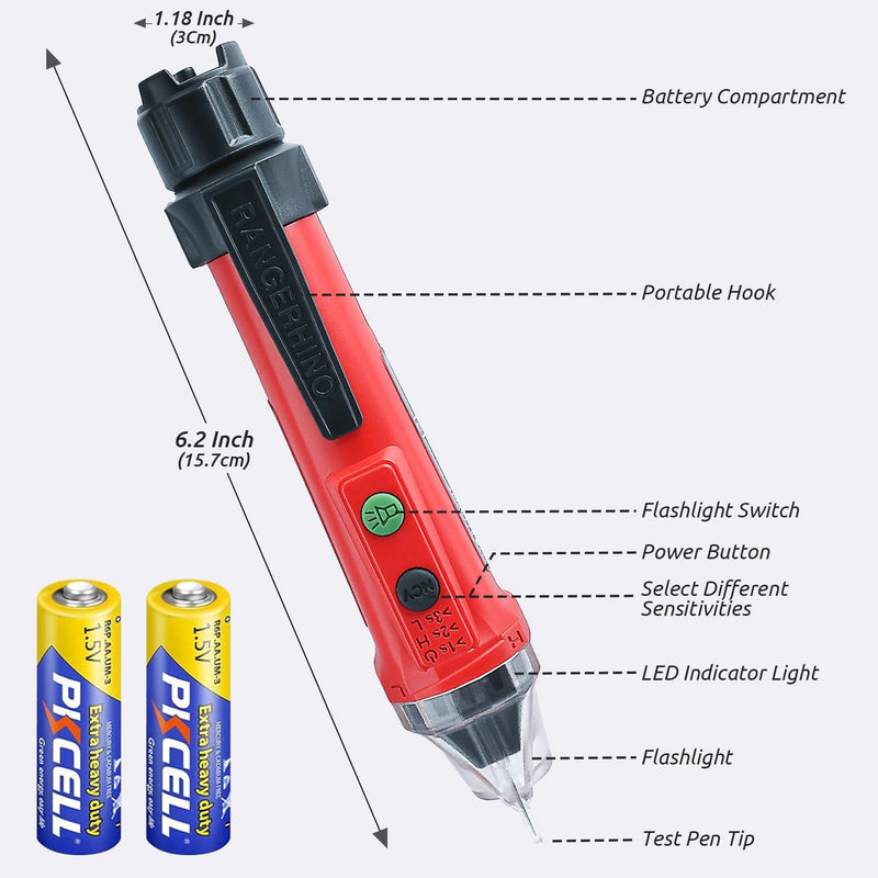 [Australia - AusPower] - Non-Contact VoltageTester/Voltage Tester, Dual Range AC 12V/48V-1000V, Live/Null Wire Tester, Electrical Tester, Flashlight, Audible and Flashing LED Alarms, Pocket Clip -Red Red 